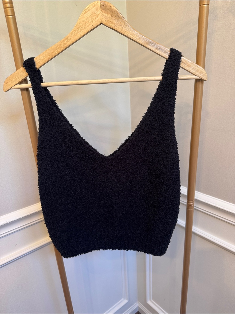 Fuzzy Knit Black V-Neck Tank Top